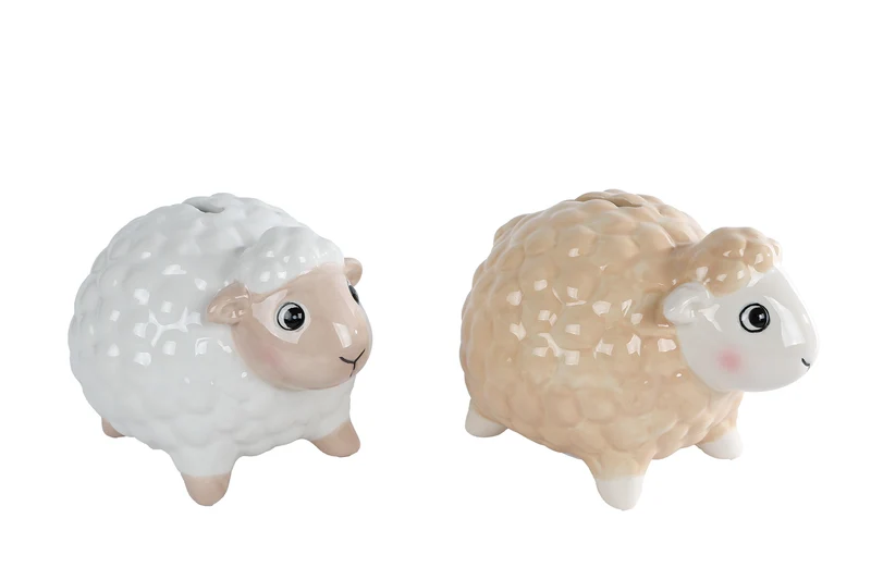 Spardose "Schaf" weiß/beige, 2er-Set, Keramik, 12x10x9cm