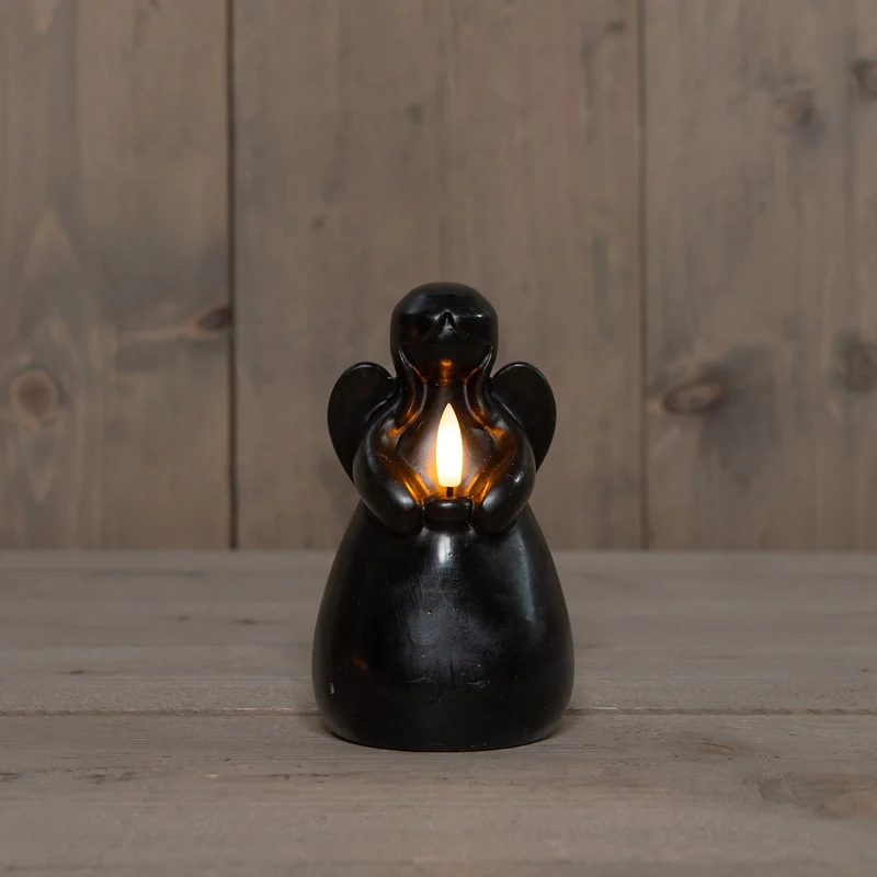 LED-Kerze Engel aus Wachs mit 3D-Flamme, batteriebetrieben, mit Timer, Ø 8,5 cm, H 14,5 cm, schwarz