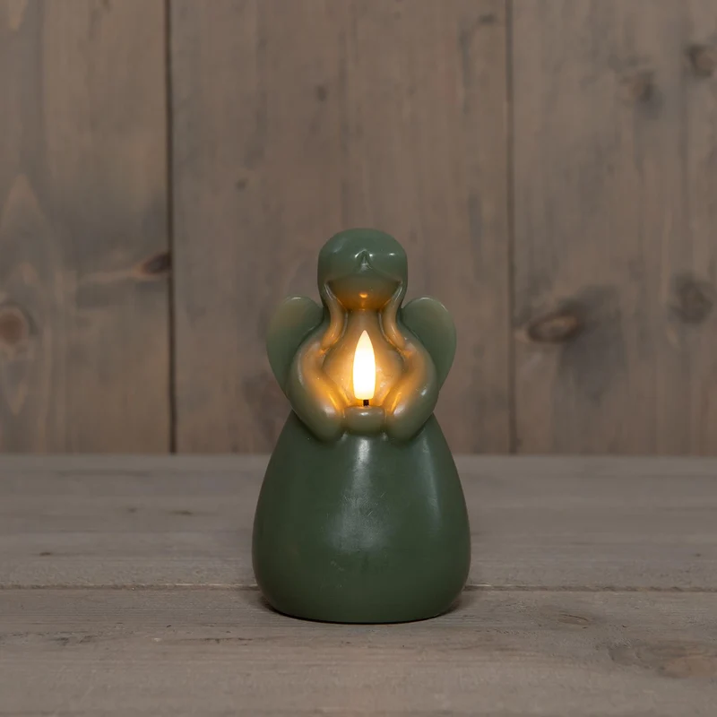 LED-Kerze Engel aus Wachs mit 3D-Flamme, batteriebetrieben, mit Timer, Ø 8,5 cm, H 14,5 cm, jadegrün