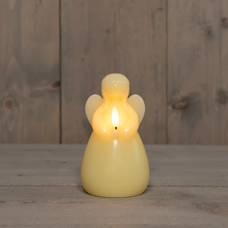 LED-Kerze Engel aus Wachs mit 3D-Flamme, batteriebetrieben, mit Timer, D8,5 x H14,5 cm, elfenbeinfarben