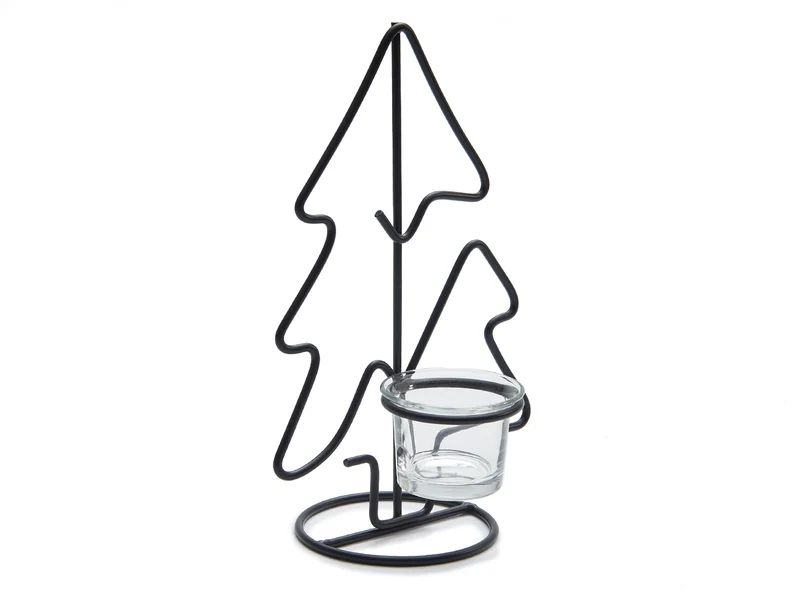 Metall-Weihnachtsbaum-Kerzenhalter 23cm schwarz + Glas