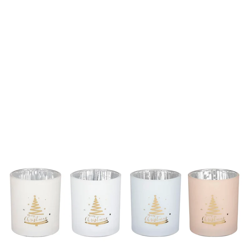 Teelichthalter Baum rosa braun grau weiß 4er Set - H10 x D8 cm