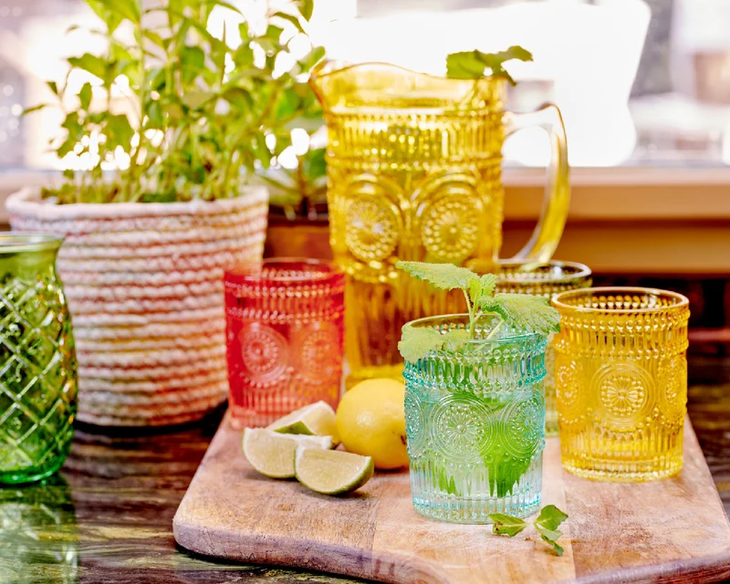 Wasserglas, Trinkglas, 4 Farben, sortiert, Ø 8 cm, H 10 cm