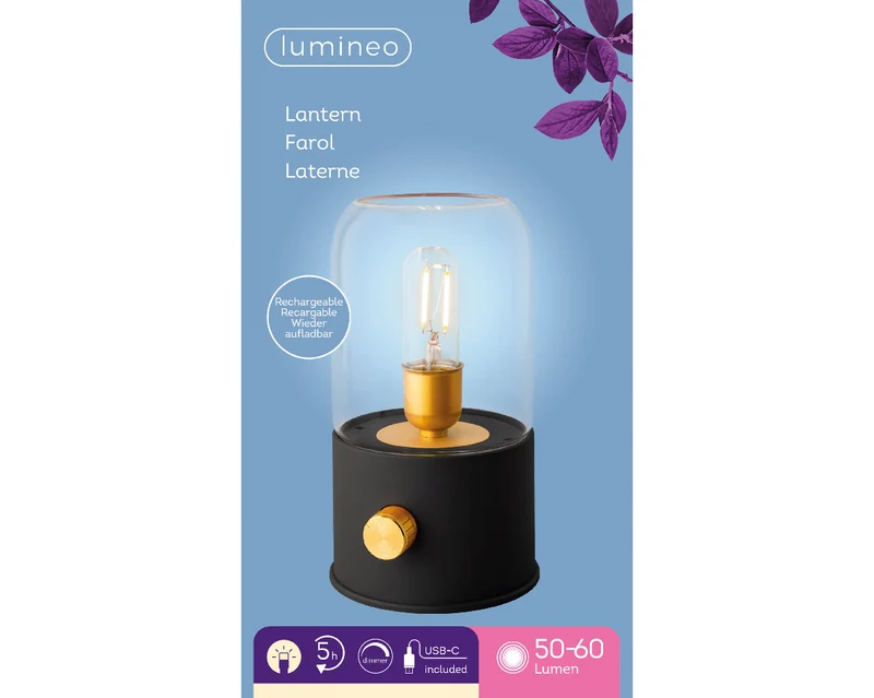 LED-Campinglampe, wiederaufladbar, schwarzes Plastikgehäuse, Innendurchmesser 11 cm x Höhe 20 cm