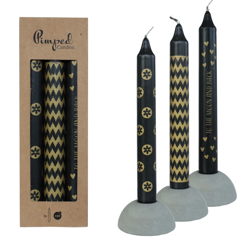 Verzierte Kerzen To the moon Ø2,2 h.20 cm schwarz & gold 3er-Set sortiert