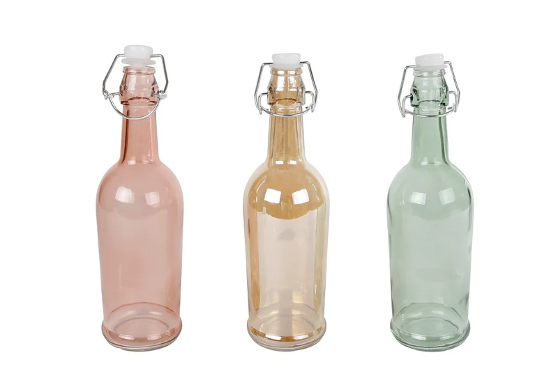 Bügelverschlussflasche "Cobana" L grün/rosa/blau 3er-Set Glas 7x7x25cm