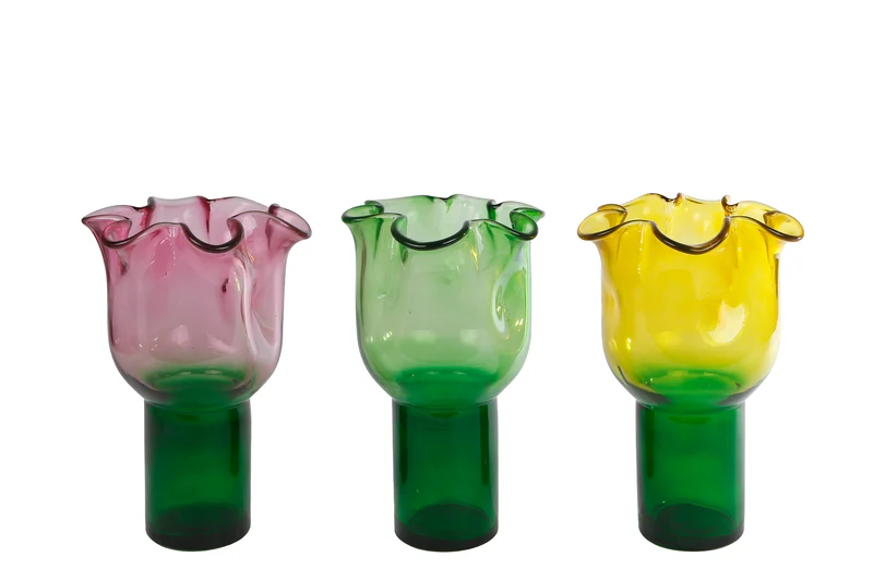 Vase "Tulpe" rosa/l.grün/gelb 3 sortierte Gläser 15x15x26cm