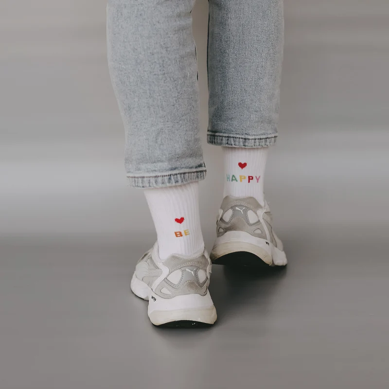 Eulenschnitt Socken be happy weiß M Gr.39-42
