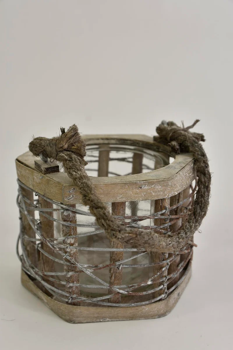 Laterne Six aus Metallgeflecht, grau gewaschen, mit Henkel, 15x14x11cm