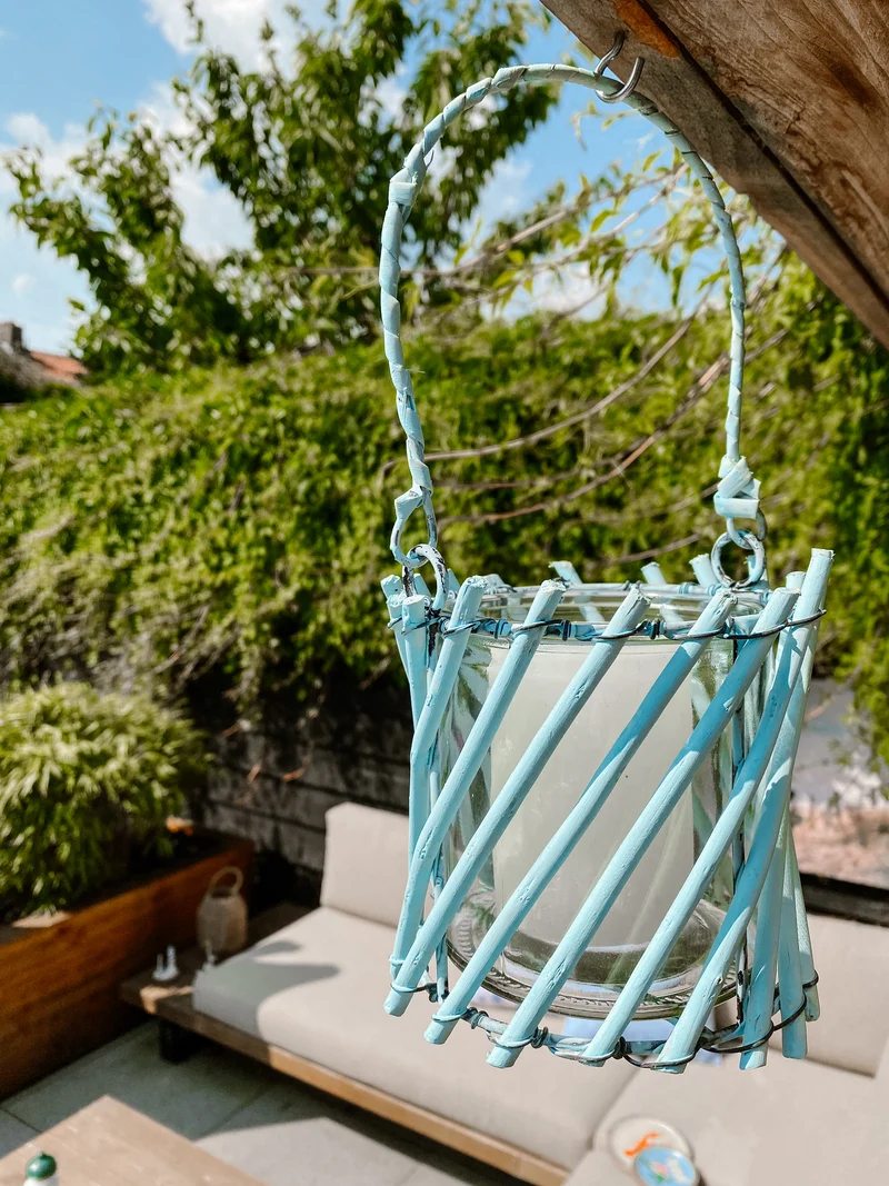 Windlicht Gusta Rattan Türkis D13 H12/20cm