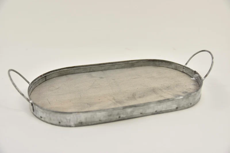 Tablett rechteckig Zink/Holz mit Ohren 26x15,5x2/5,5cm grau-wash