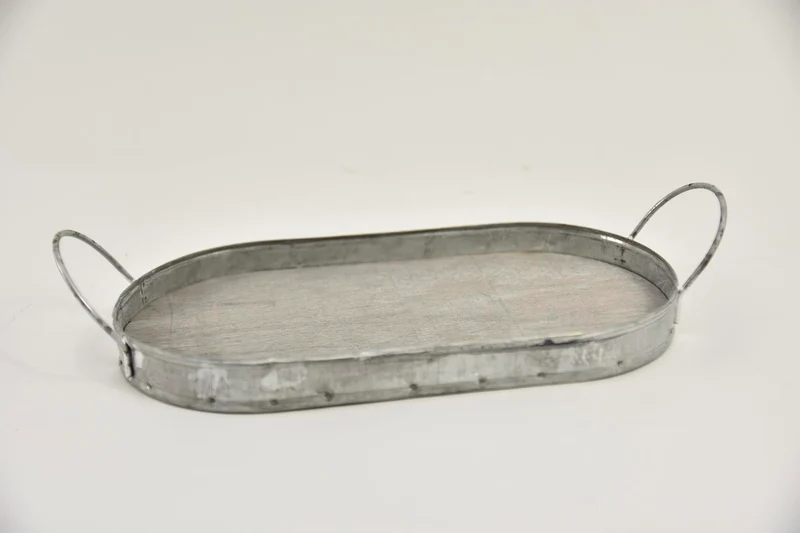 Tablett Rechteck Zink/Holz mit Ohren 23x13x2/5,5cm grau-wash