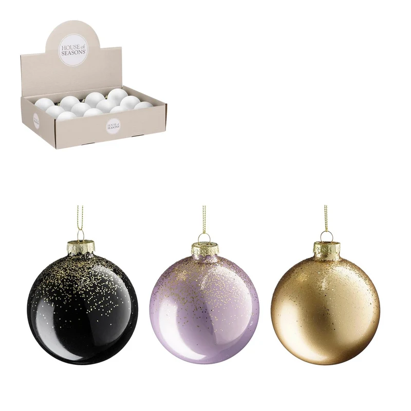 Kugel Glas schwarz l.lila gold 3 sortiert Display - d8cm