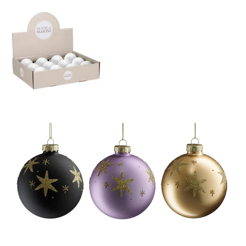 Kugel Glas Stern schwarz l.lila gold 3 sortiert Display - d8cm