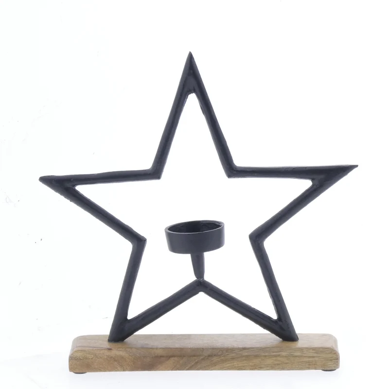 Aluminium Teelichtstern Schwarz auf Mangoholzsockel 27x25cm