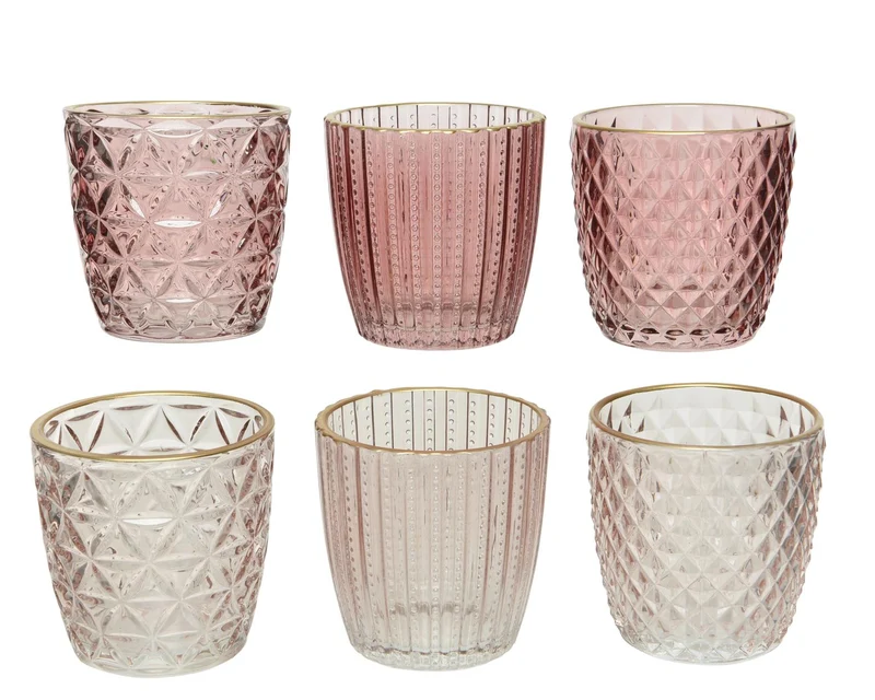 Teelichthalter Glas Goldrand 6 sortiert rosa D7,5 H7,5cm