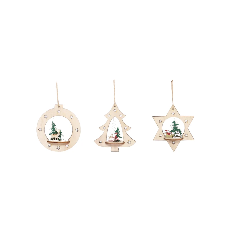 Holz-Weihnachtsaufhänger 3ass. 11x3x9cm Natur