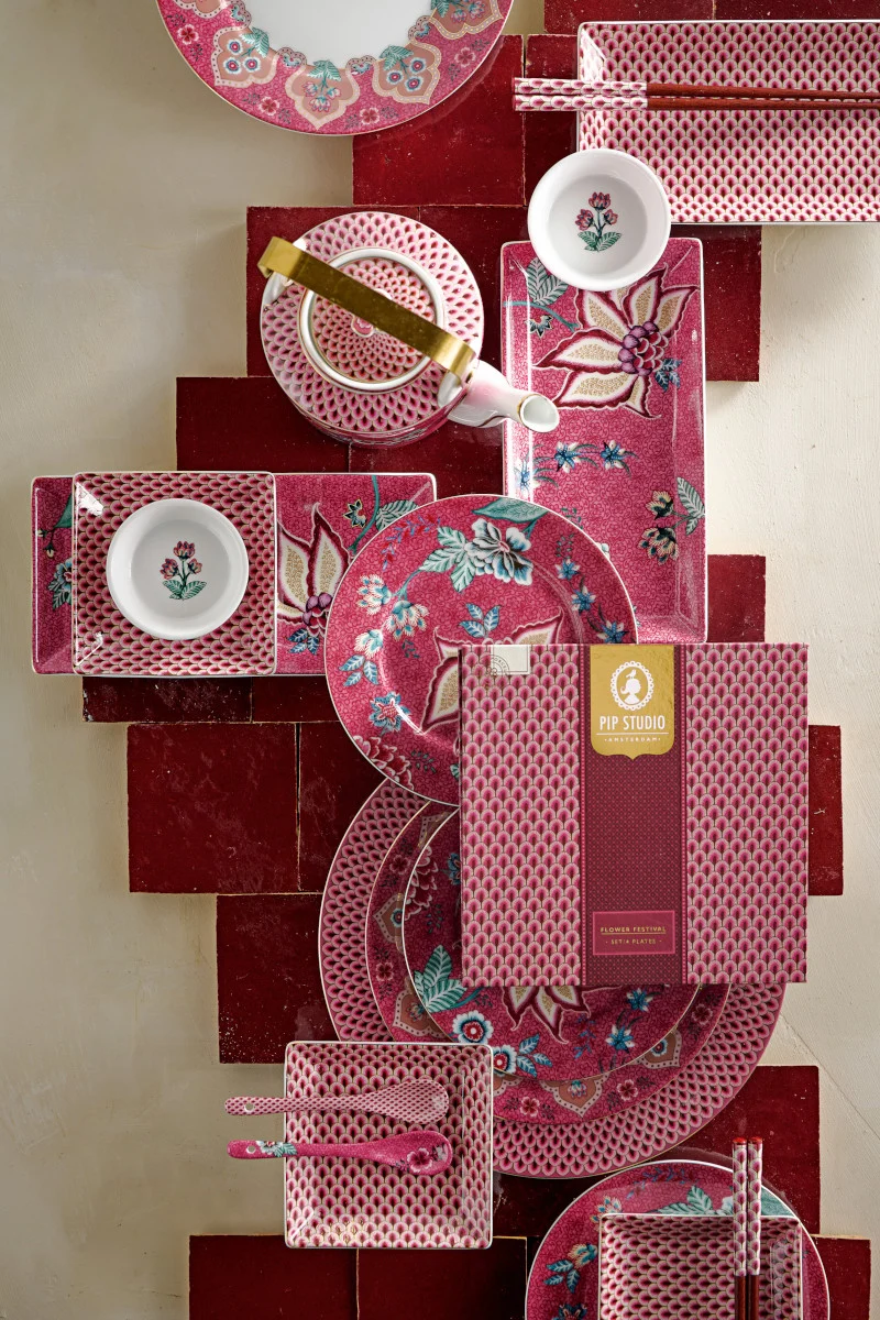 PIP STUDIO Flower Festival Oriental Geschenkset rund dark pink 6tlg