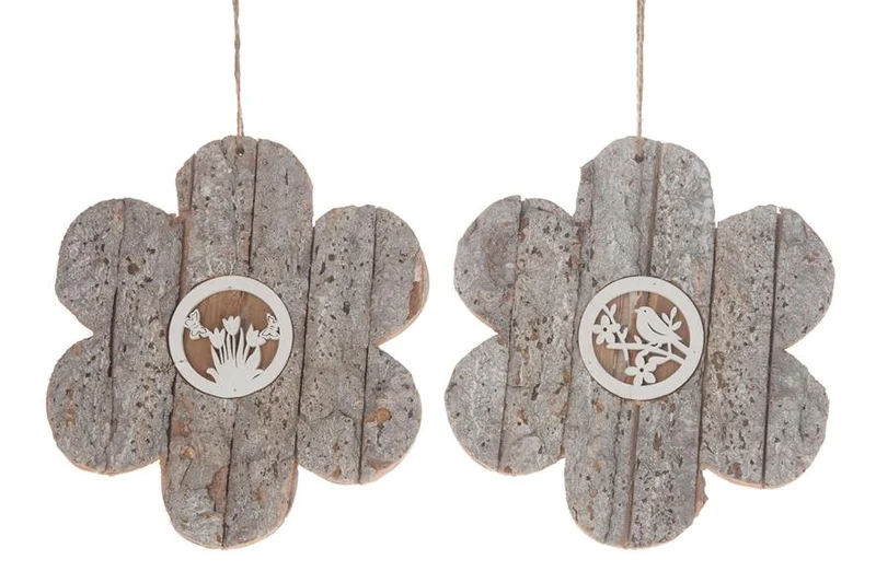 Holzblume mit Rinde Aufhänger 20x20x1.5cm 1pc 2 sortiert Wh