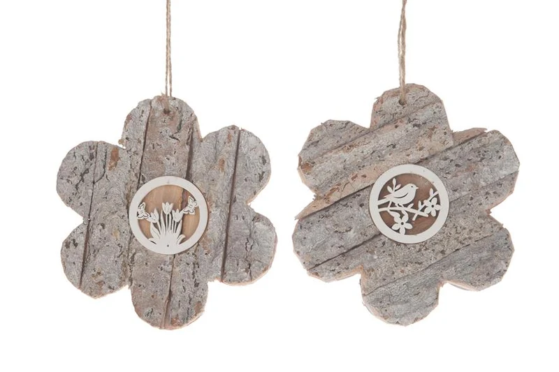 Holzblume mit Rinde Aufhänger 15x15x1.5cm 1pc 2 sortiert Wh